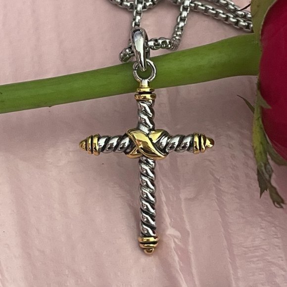 D Y Cross Sterling Silver Pendant Necklace with 14K Yellow Gold